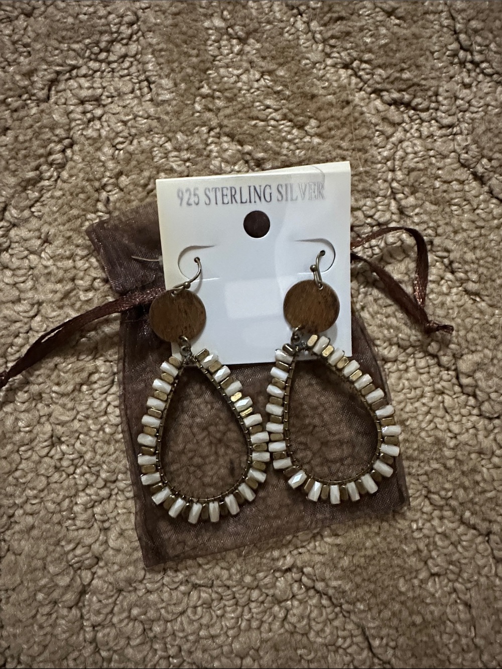 Sterling Silver White & Bronze Beaded Teardrop Earrings